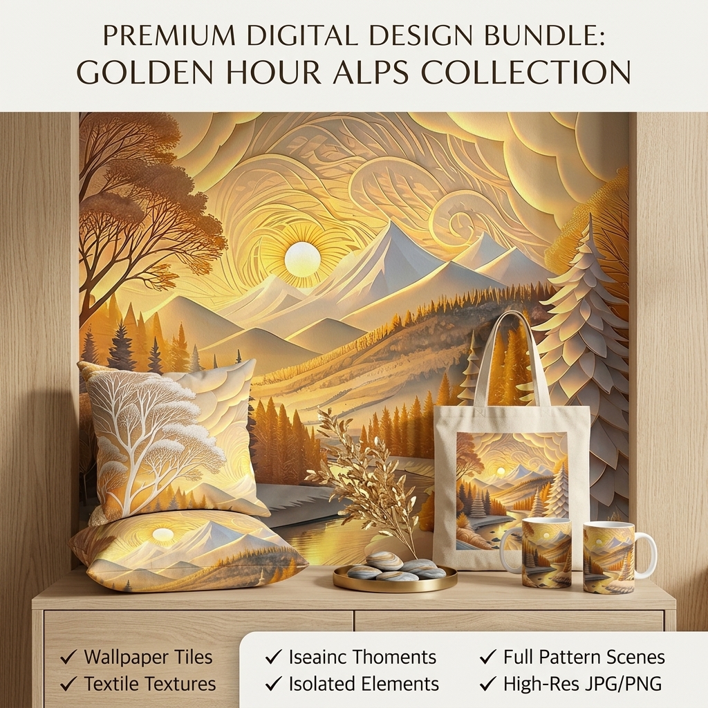 Golden Winter Landscape Seamless Pattern Paper Cut Forest Mountain River Background for Wallpaper and Prints