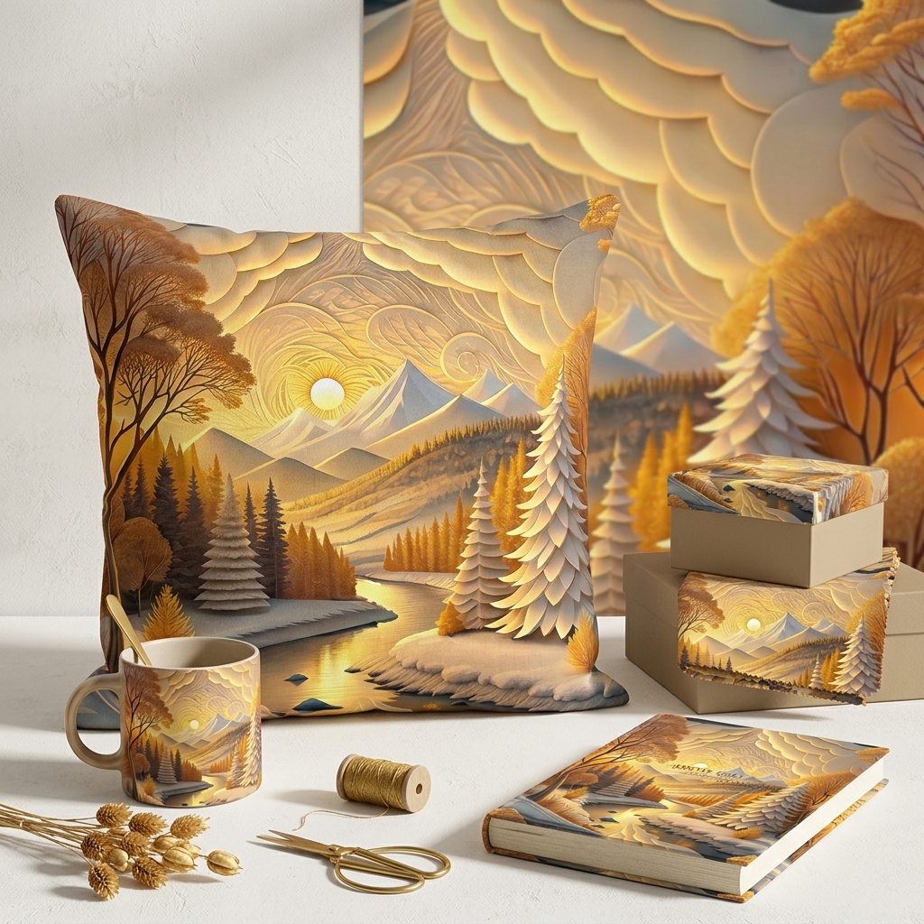 Golden Winter Landscape Seamless Pattern Paper Cut Forest Mountain River Background for Wallpaper and Prints