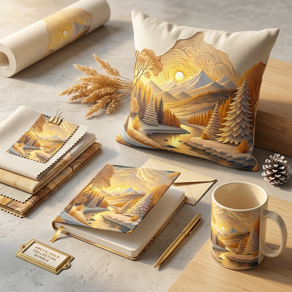Golden Winter Landscape Seamless Pattern Paper Cut Forest Mountain River Background for Wallpaper and Prints