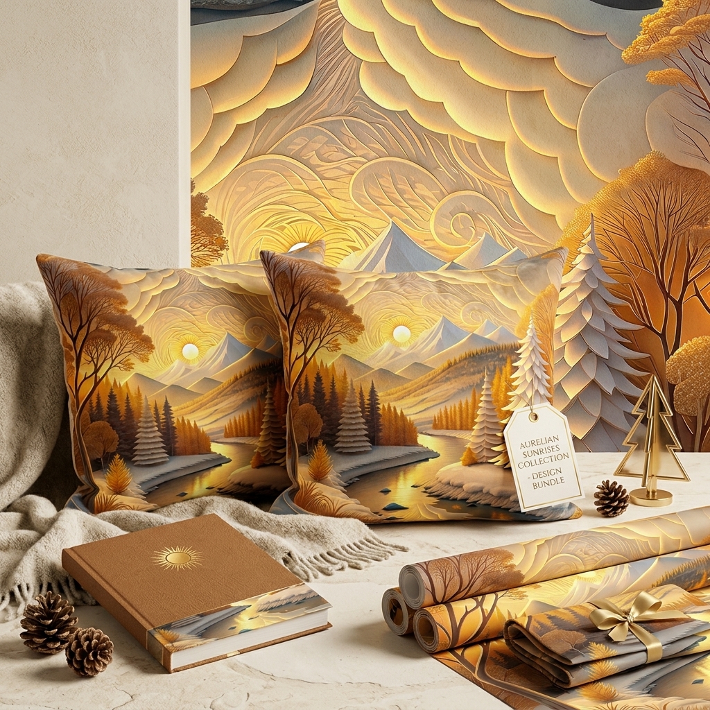 Golden Winter Landscape Seamless Pattern Paper Cut Forest Mountain River Background for Wallpaper and Prints