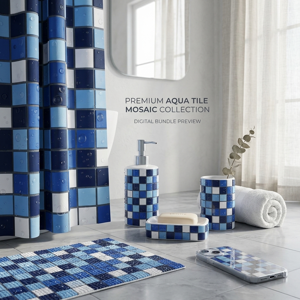 Blue Mosaic Tile Seamless Pattern Glossy Ceramic Squares Water Drop Texture for Wallpaper and Interior Panels (1)