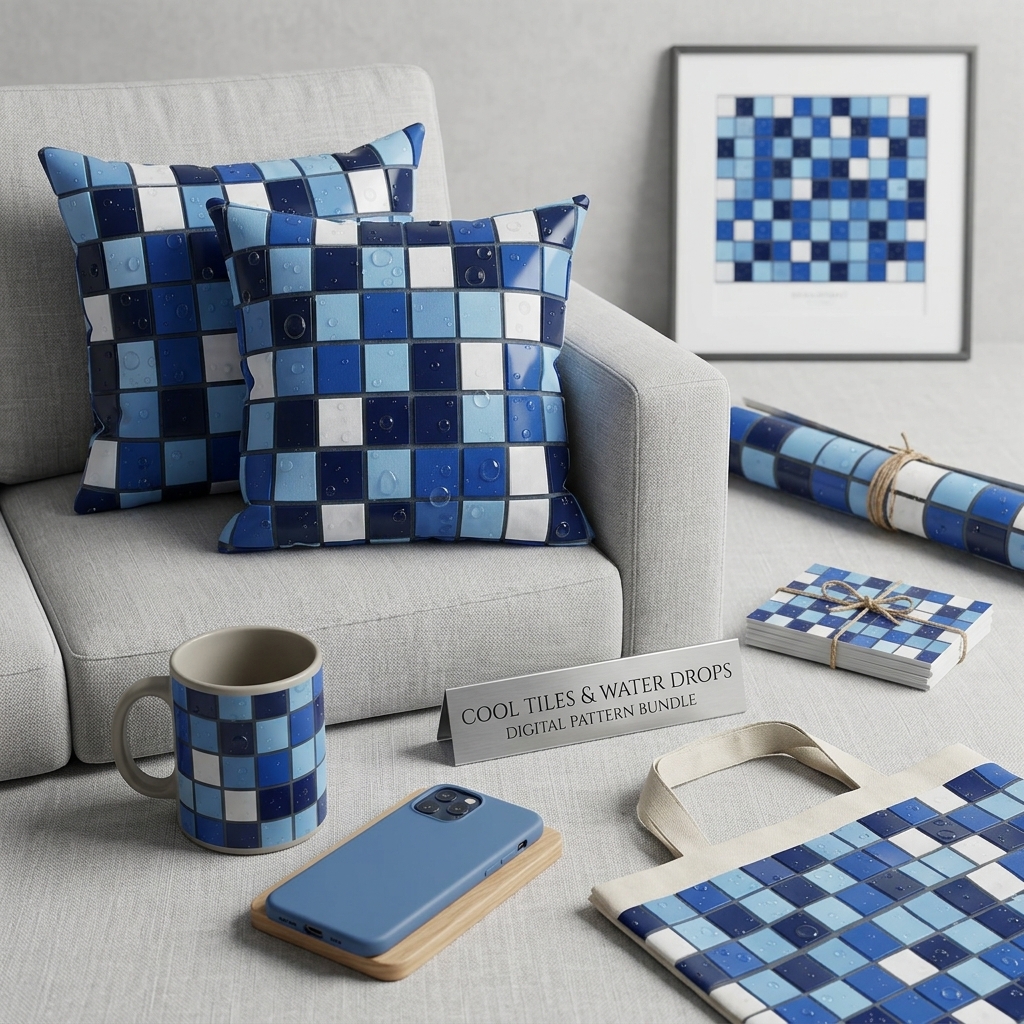 Blue Mosaic Tile Seamless Pattern Glossy Ceramic Squares Water Drop Texture for Wallpaper and Interior Panels (1)