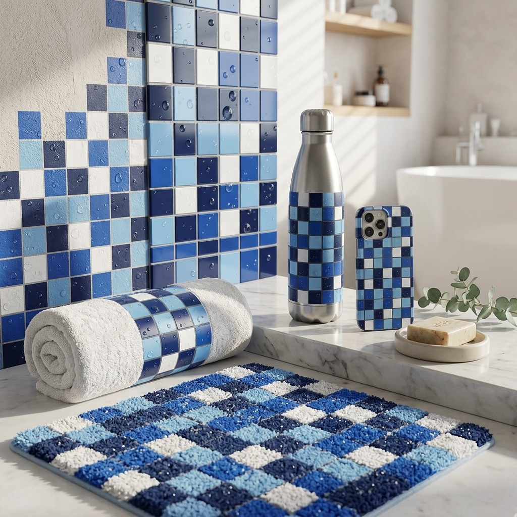 Blue Mosaic Tile Seamless Pattern Glossy Ceramic Squares Water Drop Texture for Wallpaper and Interior Panels (1)