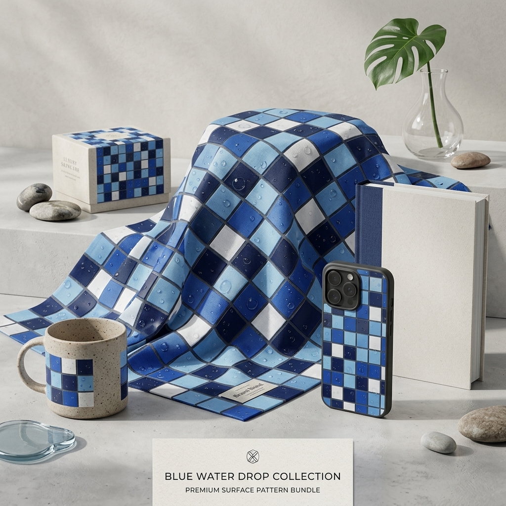 Blue Mosaic Tile Seamless Pattern Glossy Ceramic Squares Water Drop Texture for Wallpaper and Interior Panels (1)