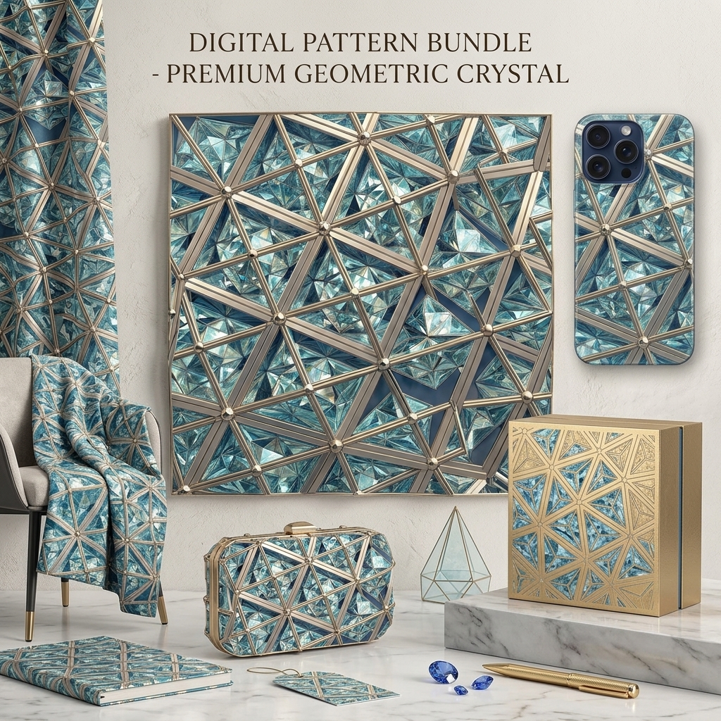 Luxury Aqua Diamond Geometric Seamless Pattern Gold Lattice Crystal Texture for Wallpaper and Interior Panels