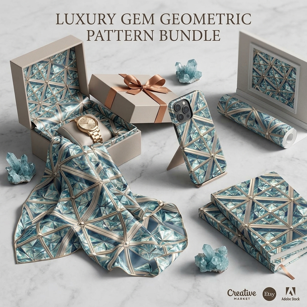 Luxury Aqua Diamond Geometric Seamless Pattern Gold Lattice Crystal Texture for Wallpaper and Interior Panels