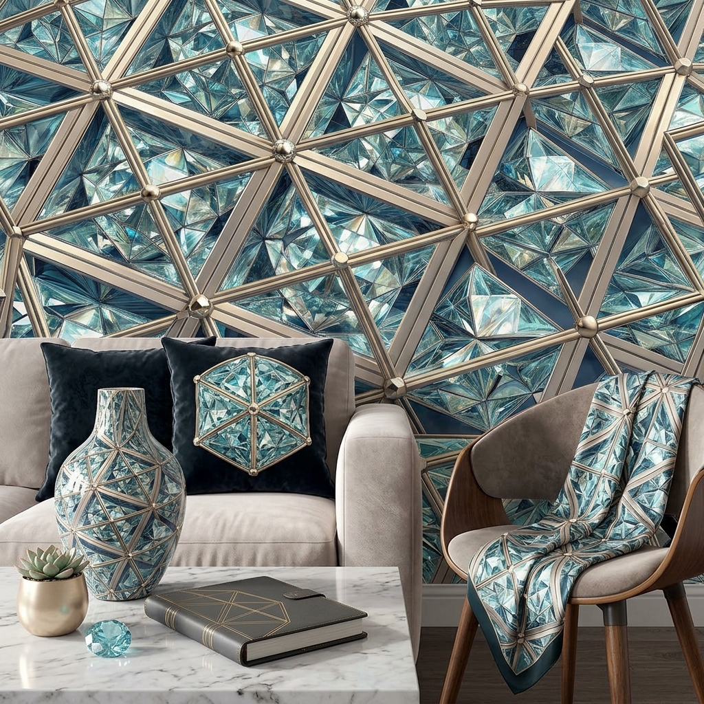 Luxury Aqua Diamond Geometric Seamless Pattern Gold Lattice Crystal Texture for Wallpaper and Interior Panels