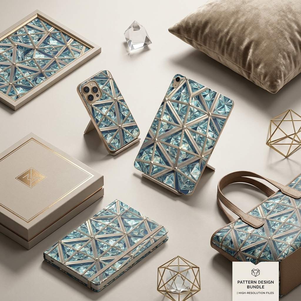 Luxury Aqua Diamond Geometric Seamless Pattern Gold Lattice Crystal Texture for Wallpaper and Interior Panels