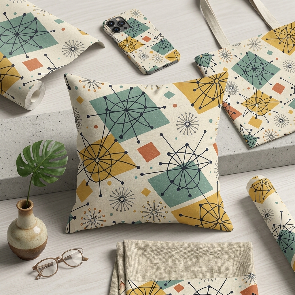 Mid Century Atomic Geometric Seamless Pattern Retro Starburst Abstract Wallpaper Background