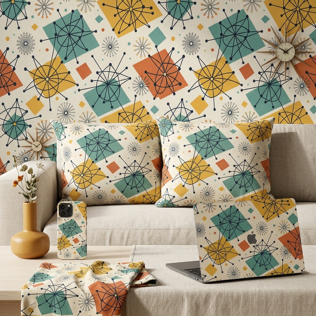 Mid Century Atomic Geometric Seamless Pattern Retro Starburst Abstract Wallpaper Background
