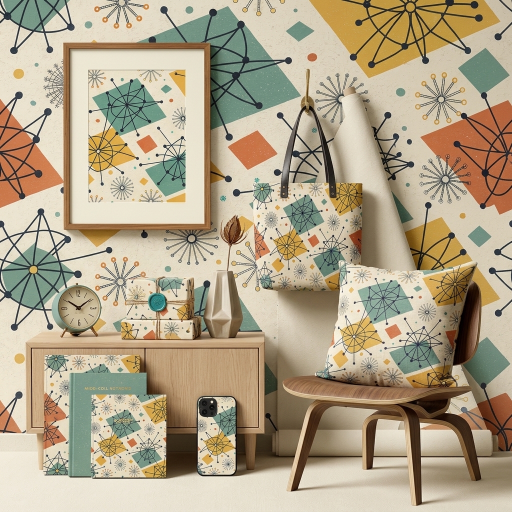 Mid Century Atomic Geometric Seamless Pattern Retro Starburst Abstract Wallpaper Background