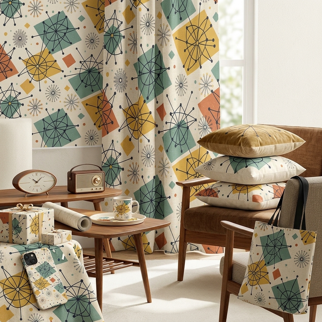 Mid Century Atomic Geometric Seamless Pattern Retro Starburst Abstract Wallpaper Background