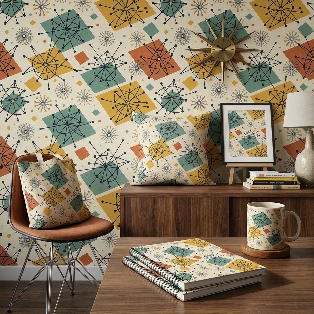 Mid Century Atomic Geometric Seamless Pattern Retro Starburst Abstract Wallpaper Background
