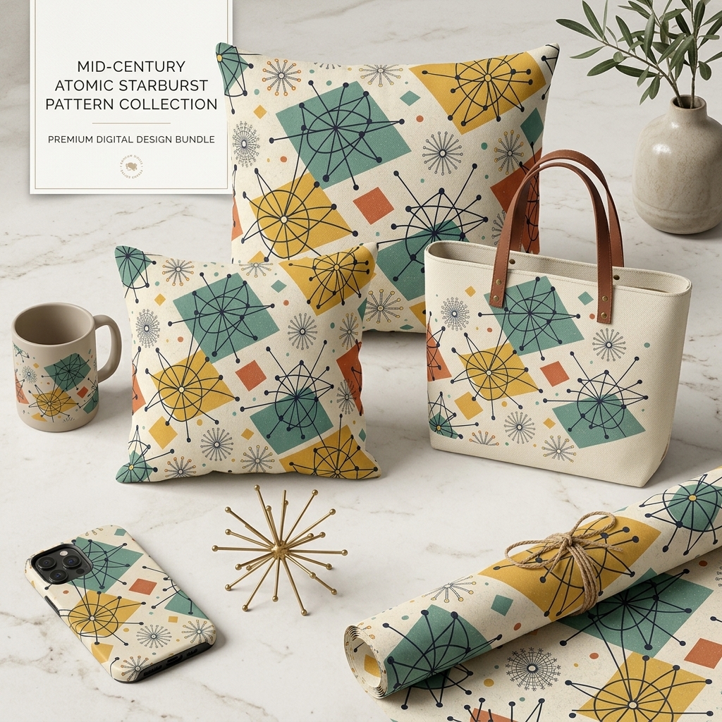 Mid Century Atomic Geometric Seamless Pattern Retro Starburst Abstract Wallpaper Background