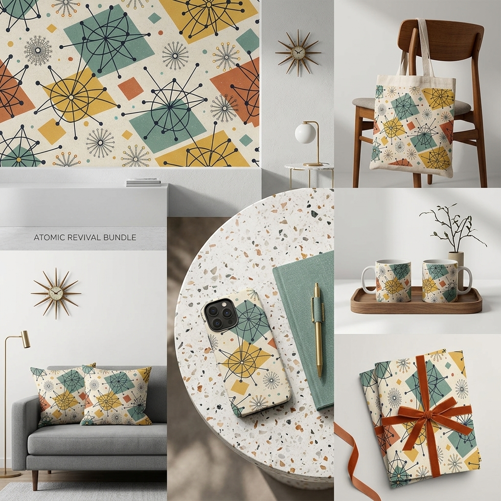 Mid Century Atomic Geometric Seamless Pattern Retro Starburst Abstract Wallpaper Background