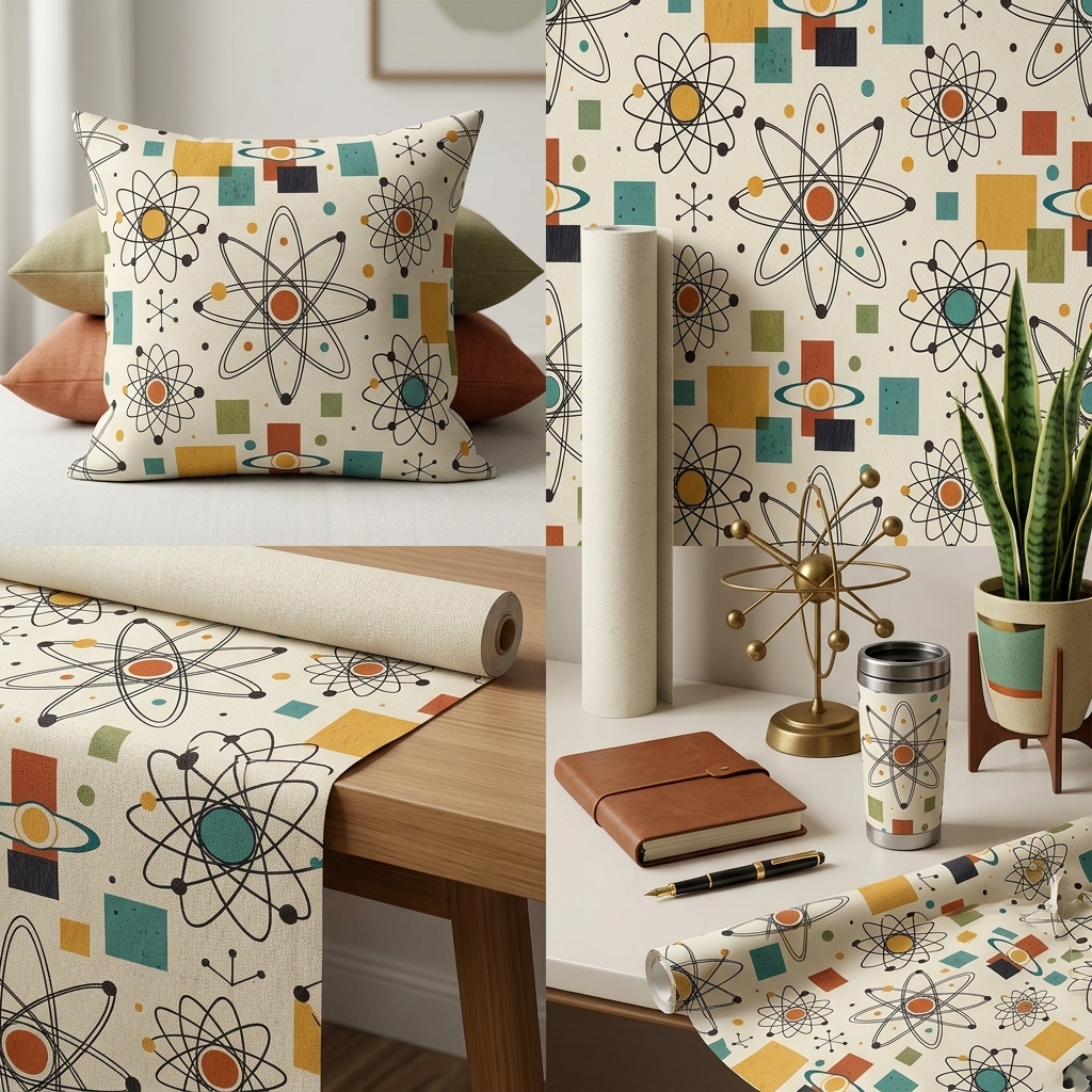 Mid Century Atomic Seamless Pattern Retro Science Atom Geometric Wallpaper Background