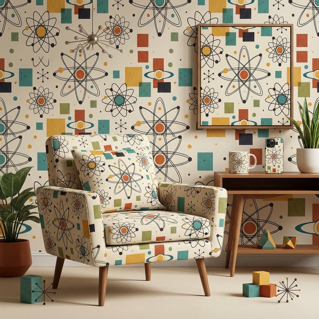 Mid Century Atomic Seamless Pattern Retro Science Atom Geometric Wallpaper Background
