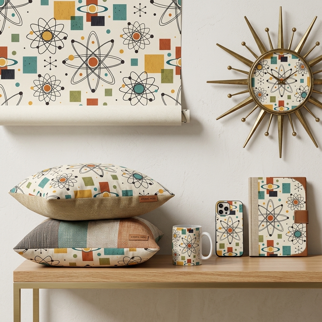 Mid Century Atomic Seamless Pattern Retro Science Atom Geometric Wallpaper Background
