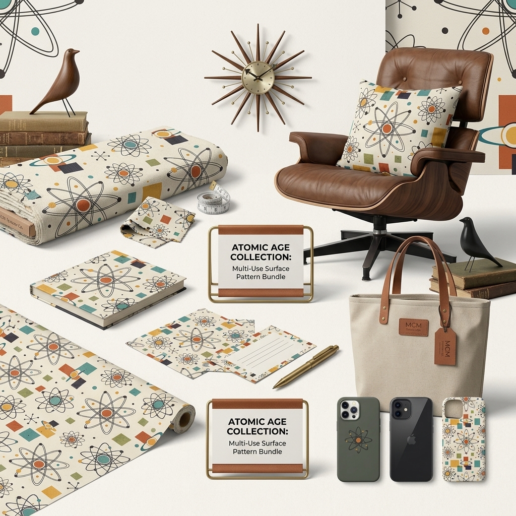 Mid Century Atomic Seamless Pattern Retro Science Atom Geometric Wallpaper Background