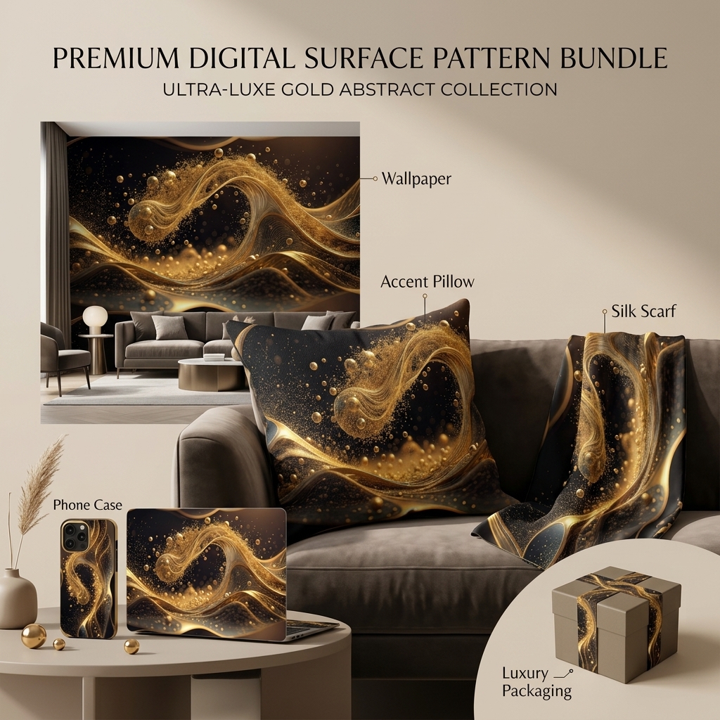 Luxury Gold Wave Seamless Pattern Abstract Metallic Flow Texture Black Background for Wallpaper and Prints
