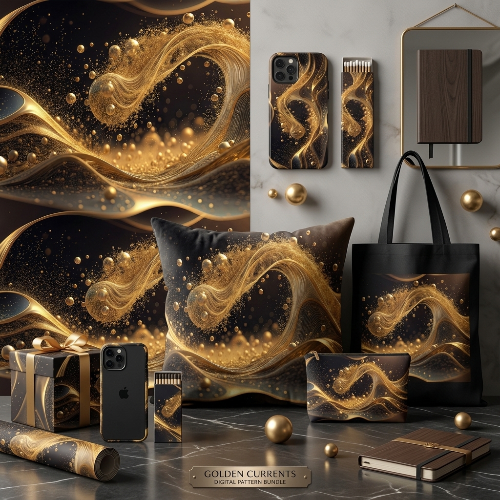 Luxury Gold Wave Seamless Pattern Abstract Metallic Flow Texture Black Background for Wallpaper and Prints