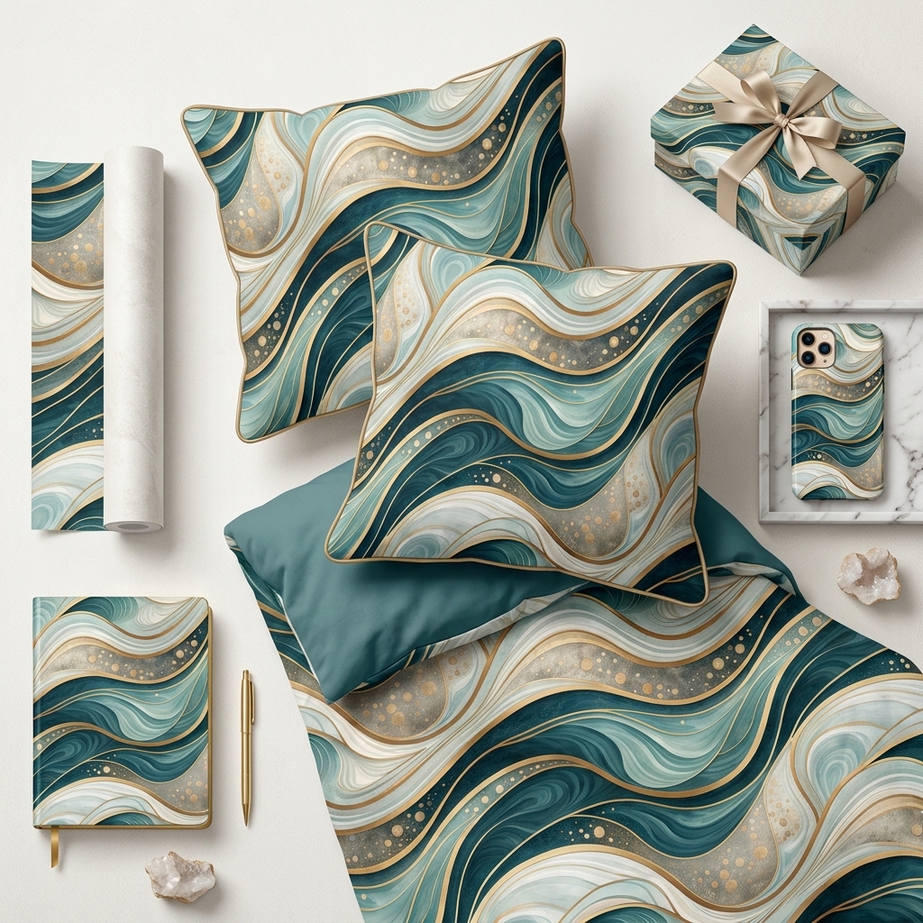 Luxury Teal Green Gold Marble Agate Seamless Pattern Abstract Fluid Wave Texture for Wallpaper and Prints