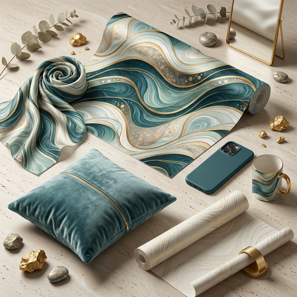 Luxury Teal Green Gold Marble Agate Seamless Pattern Abstract Fluid Wave Texture for Wallpaper and Prints