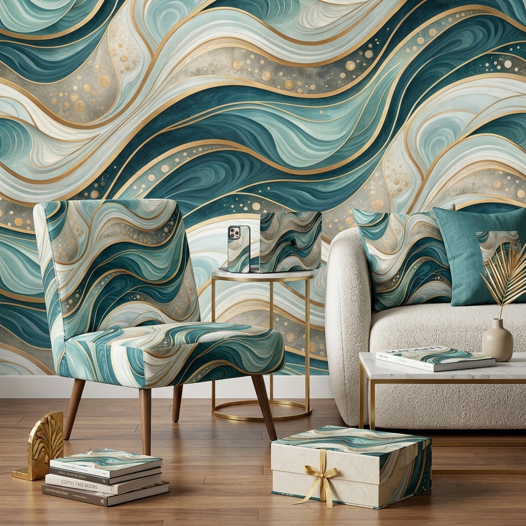 Luxury Teal Green Gold Marble Agate Seamless Pattern Abstract Fluid Wave Texture for Wallpaper and Prints