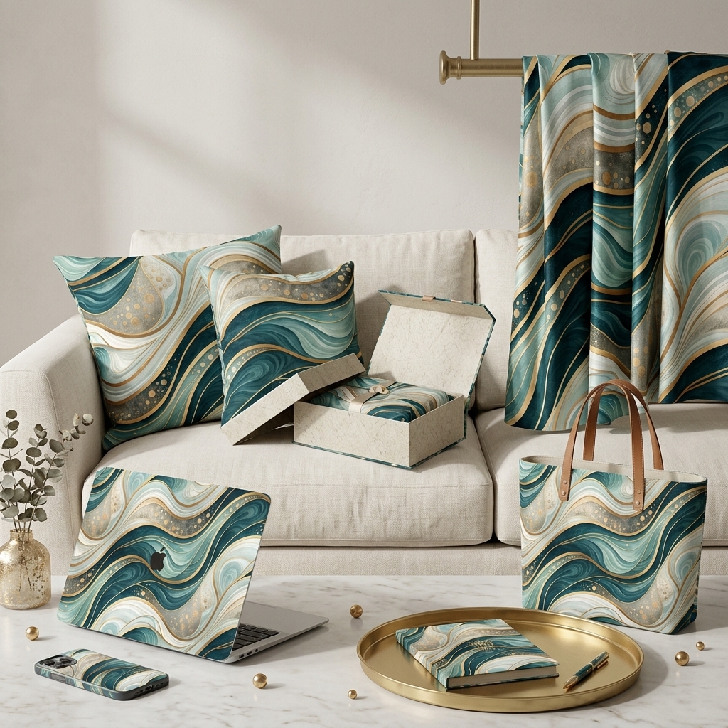 Luxury Teal Green Gold Marble Agate Seamless Pattern Abstract Fluid Wave Texture for Wallpaper and Prints