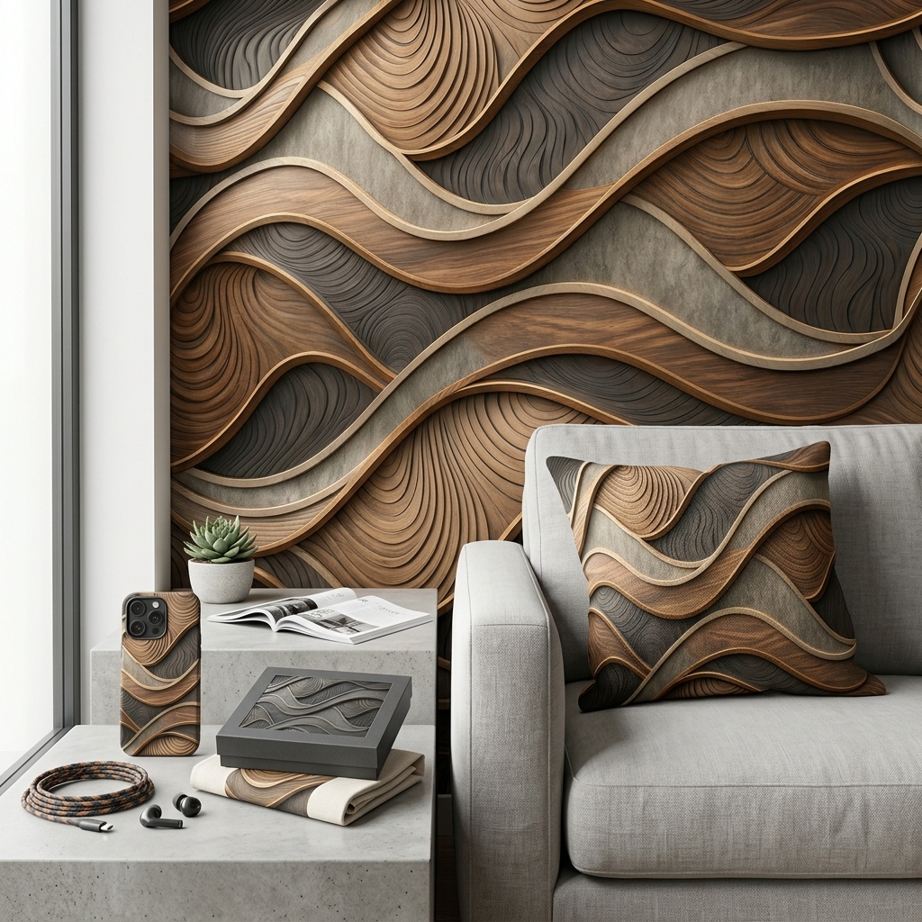 Modern Wood Grain Wave Seamless Pattern Abstract 3D Wall Panel Texture for Wallpaper and Prints