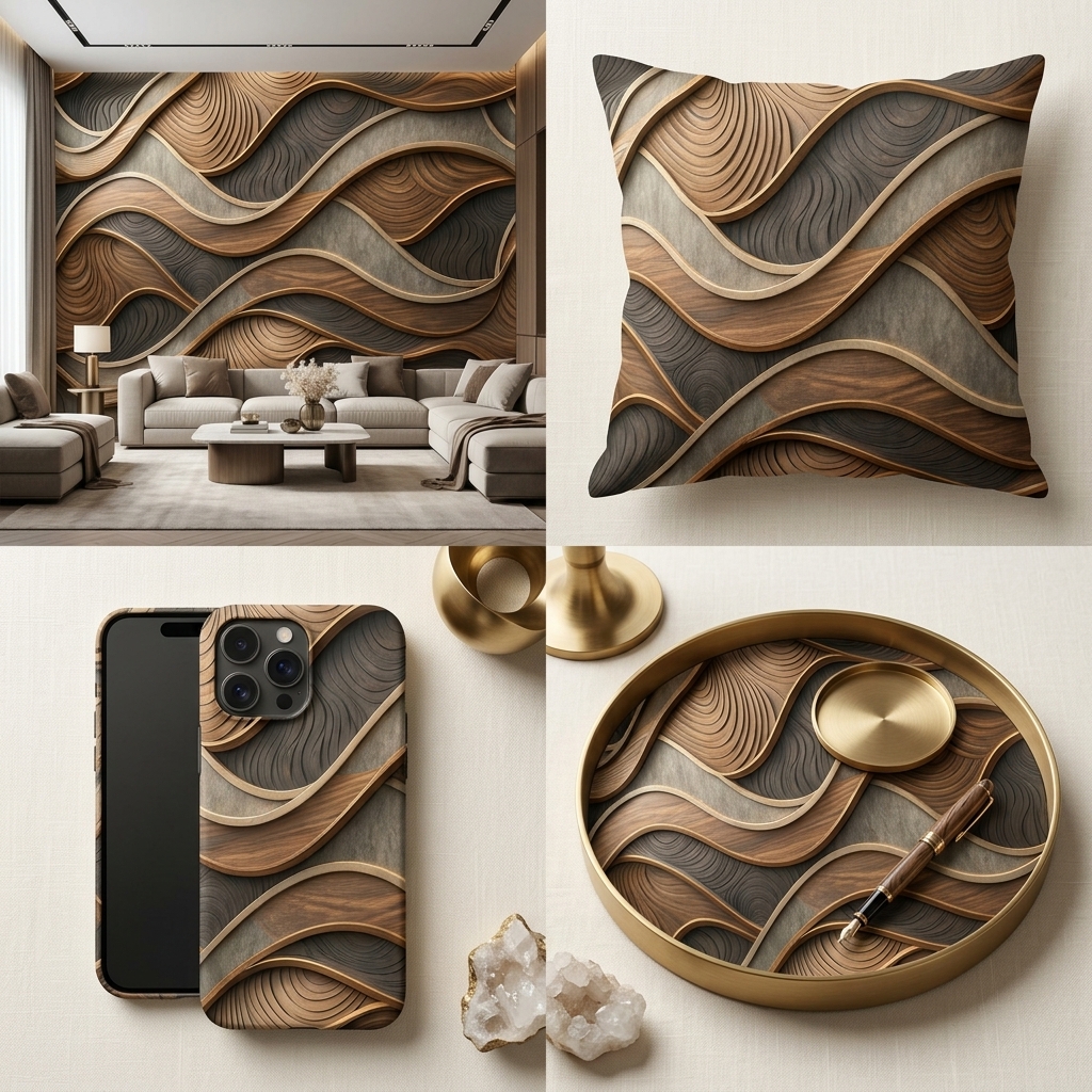 Modern Wood Grain Wave Seamless Pattern Abstract 3D Wall Panel Texture for Wallpaper and Prints