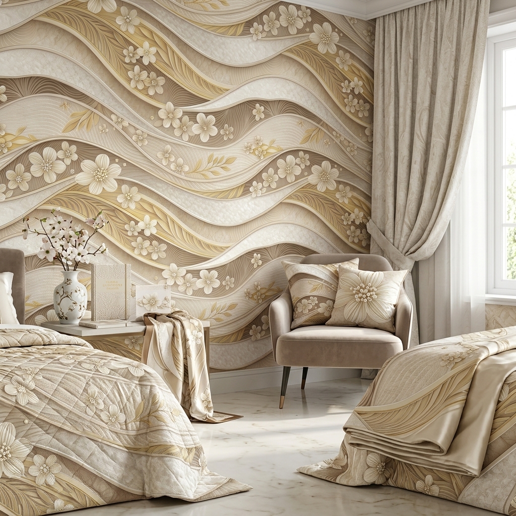 Luxury Cream Gold Floral Wave Seamless Pattern Elegant 3D Abstract Wallpaper Texture for Fabric and Prints