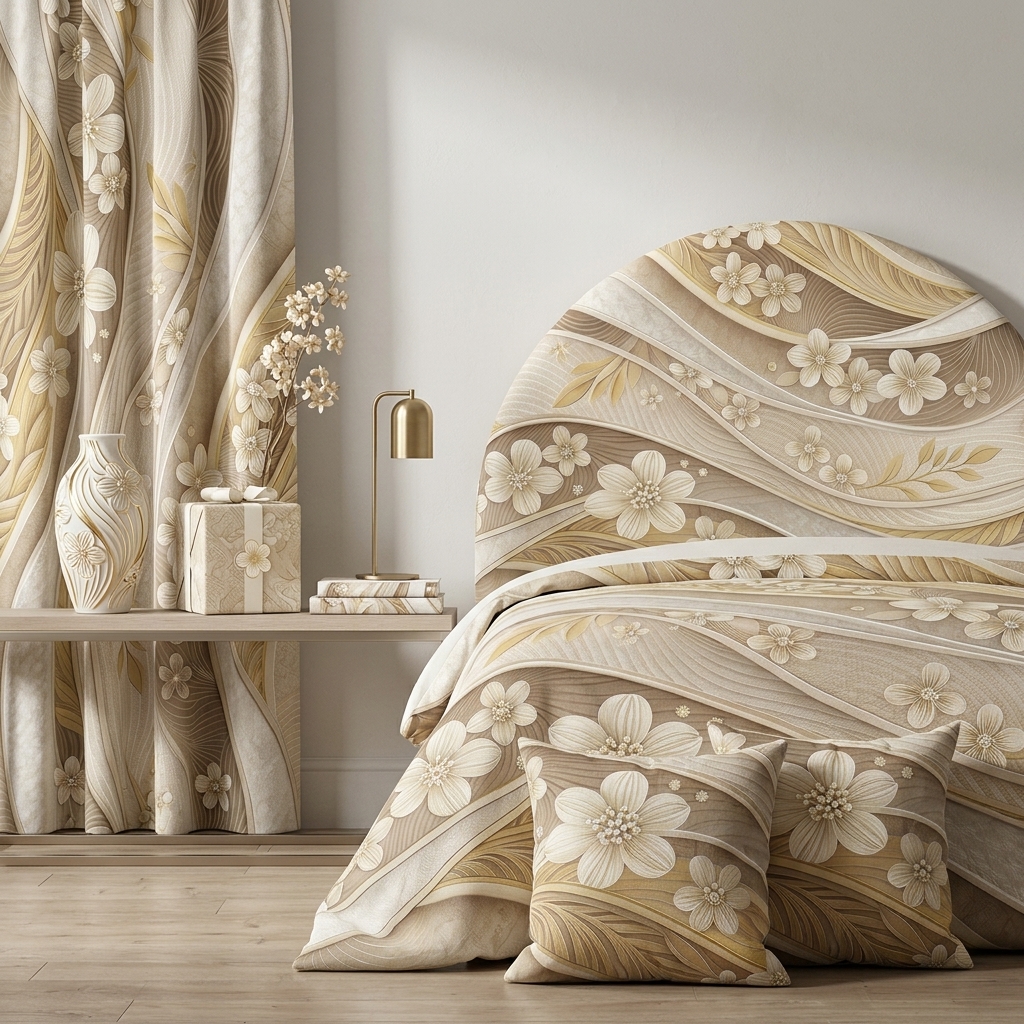 Luxury Cream Gold Floral Wave Seamless Pattern Elegant 3D Abstract Wallpaper Texture for Fabric and Prints