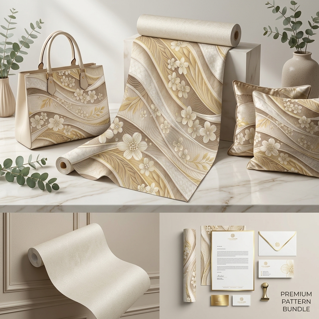 Luxury Cream Gold Floral Wave Seamless Pattern Elegant 3D Abstract Wallpaper Texture for Fabric and Prints