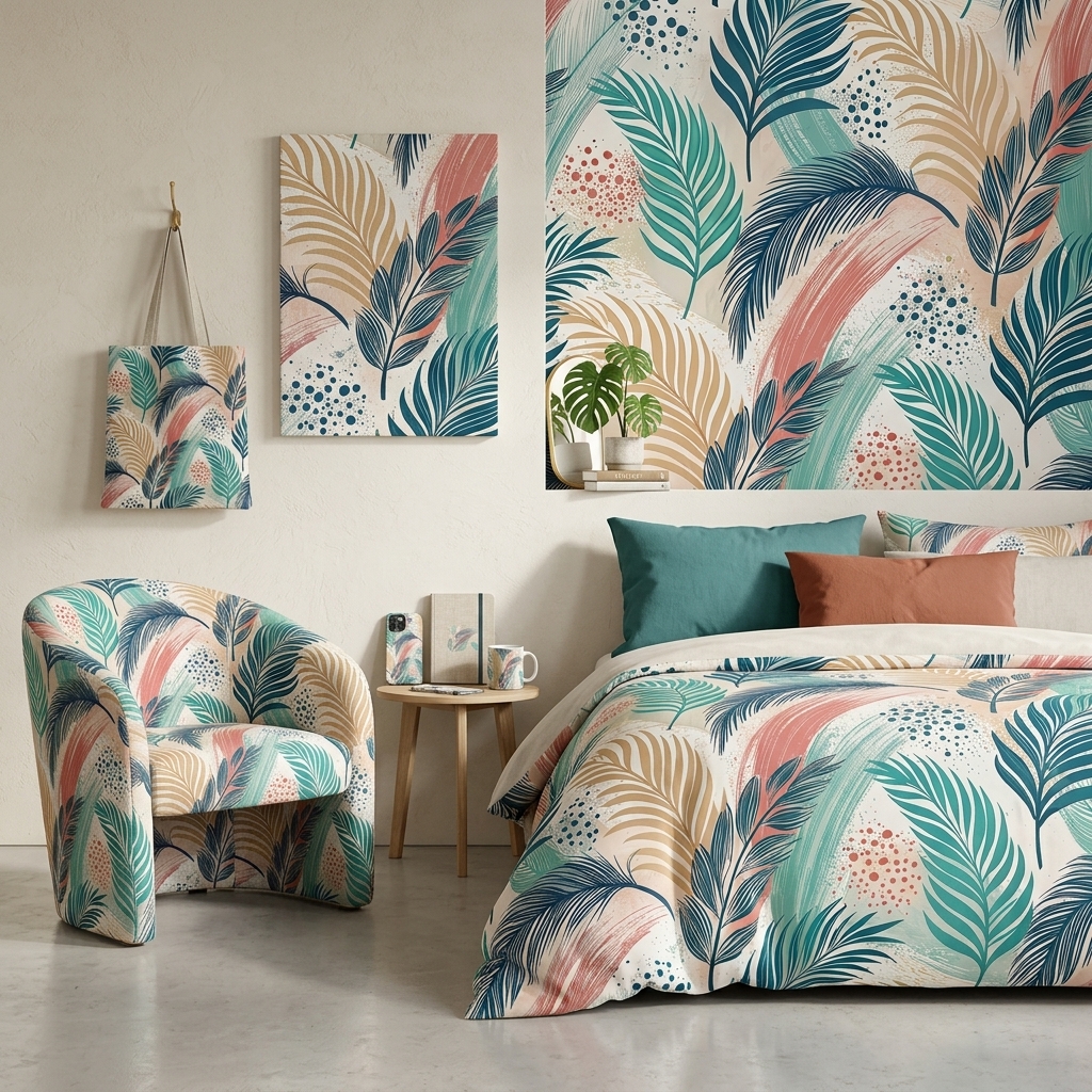 Tropical Palm Leaf Seamless Pattern Teal Coral Beige Botanical Wallpaper Texture for Fabric and Prints