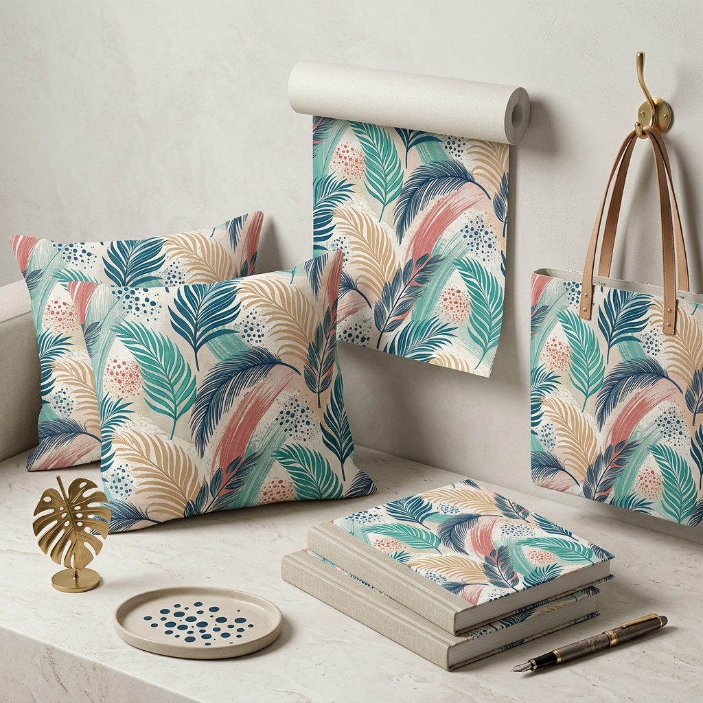 Tropical Palm Leaf Seamless Pattern Teal Coral Beige Botanical Wallpaper Texture for Fabric and Prints