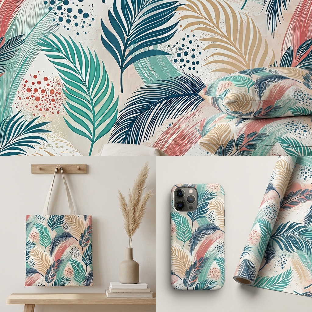 Tropical Palm Leaf Seamless Pattern Teal Coral Beige Botanical Wallpaper Texture for Fabric and Prints