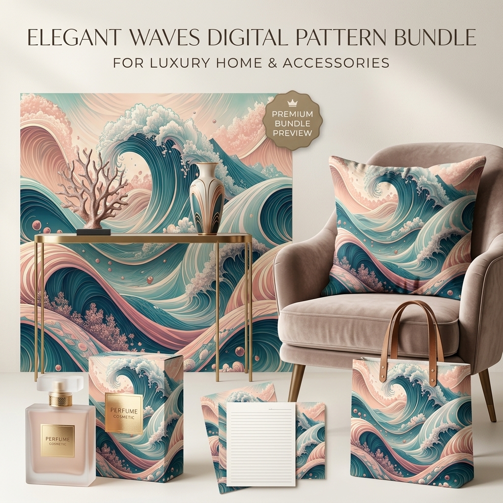 Ocean Wave Seamless Pattern, Teal Coral Coastal Wallpaper Design, Premium Digital Print for Fabric, Wallpaper, Home Decor, JPG PNG SVG