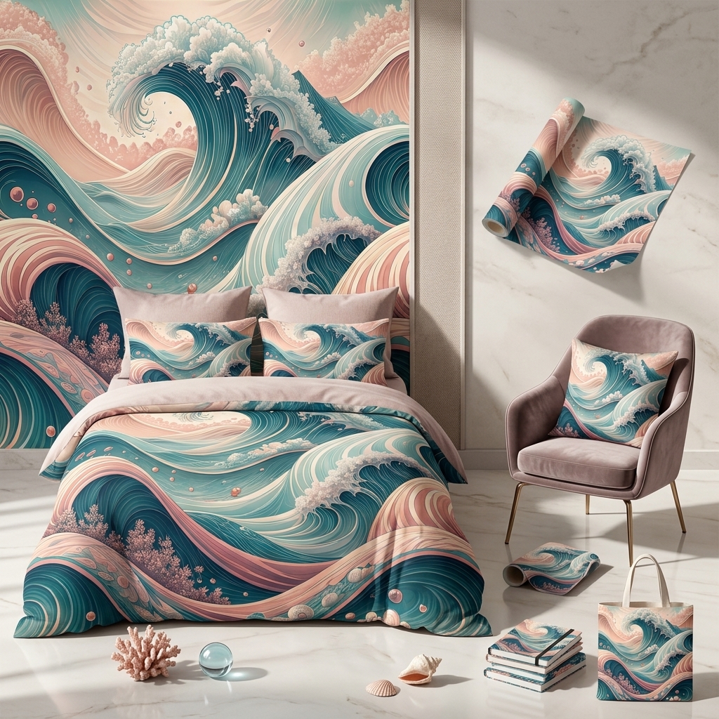 Ocean Wave Seamless Pattern, Teal Coral Coastal Wallpaper Design, Premium Digital Print for Fabric, Wallpaper, Home Decor, JPG PNG SVG