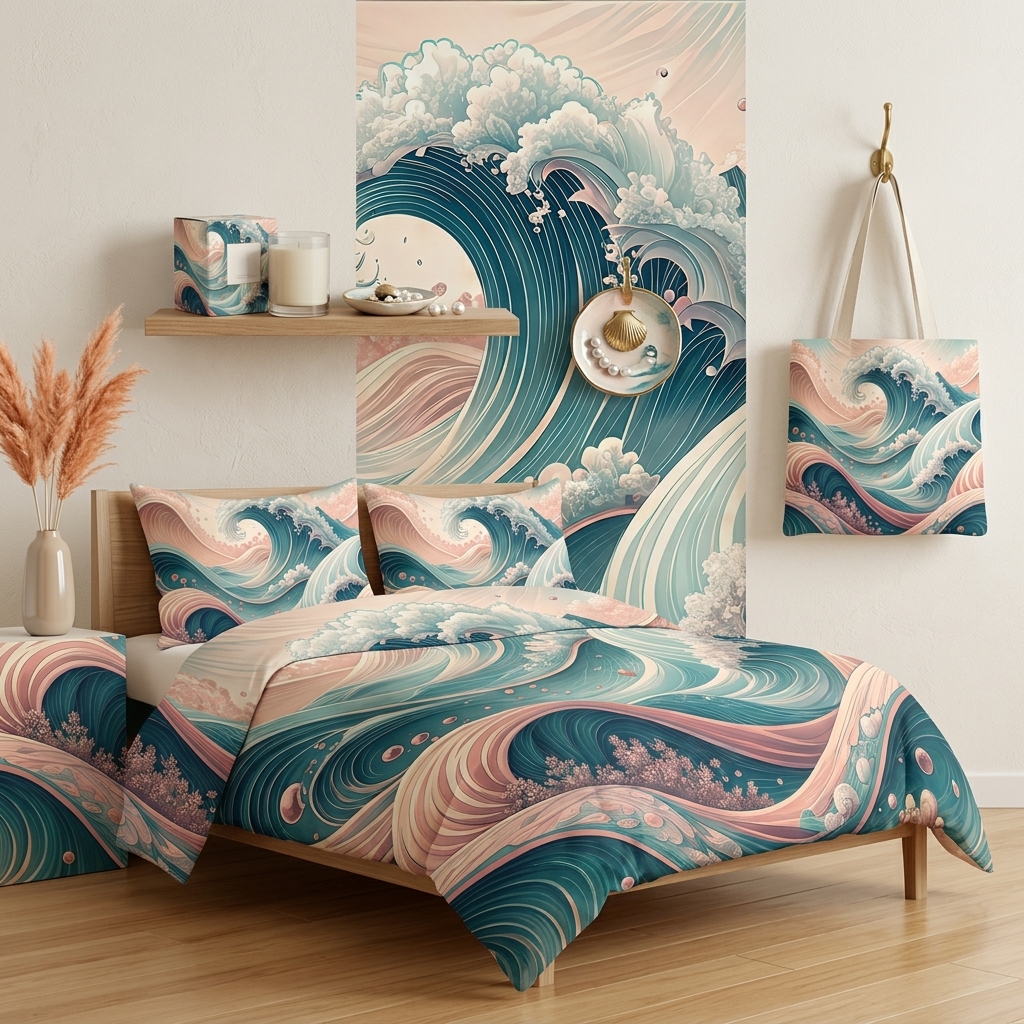Ocean Wave Seamless Pattern, Teal Coral Coastal Wallpaper Design, Premium Digital Print for Fabric, Wallpaper, Home Decor, JPG PNG SVG