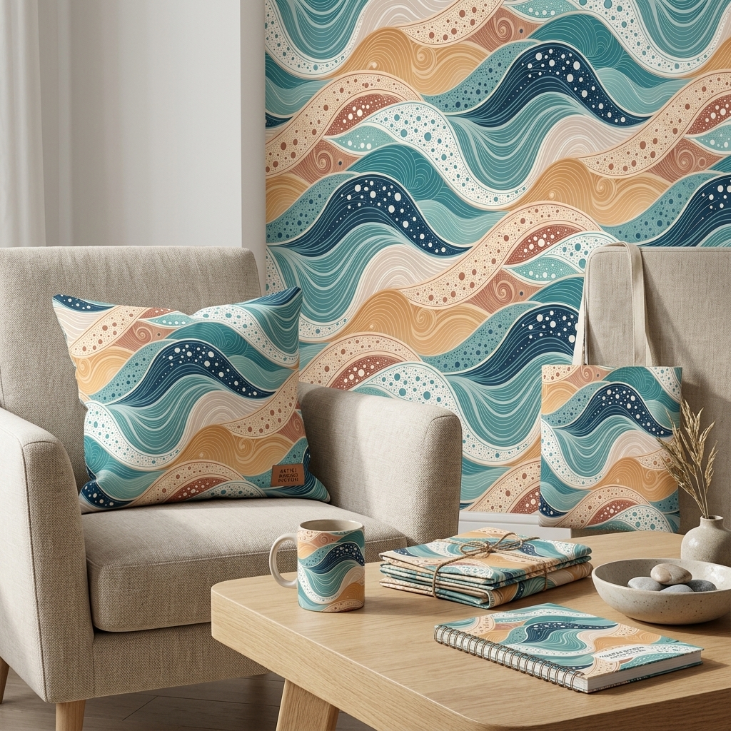 Ocean Wave Seamless Pattern Teal Coral Abstract Sea Wallpaper Texture for Fabric and Prints