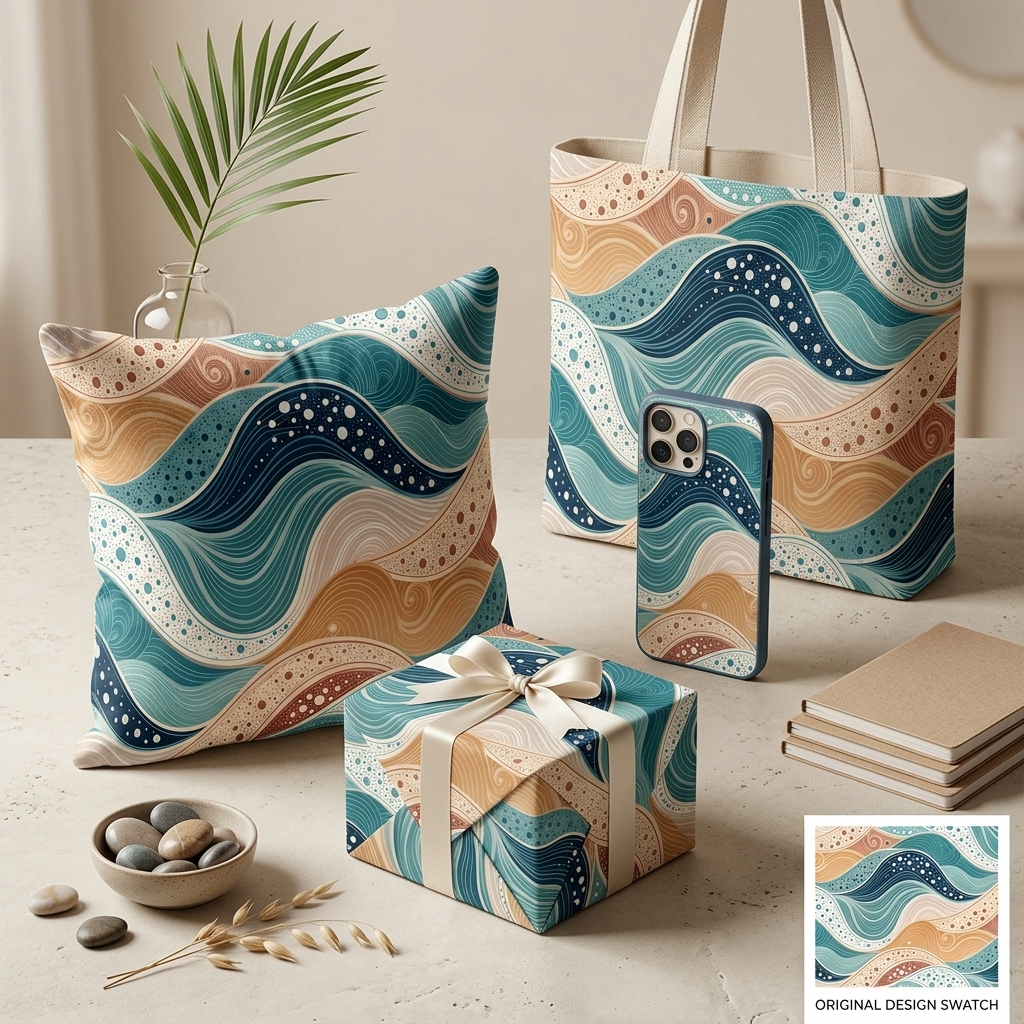 Ocean Wave Seamless Pattern Teal Coral Abstract Sea Wallpaper Texture for Fabric and Prints