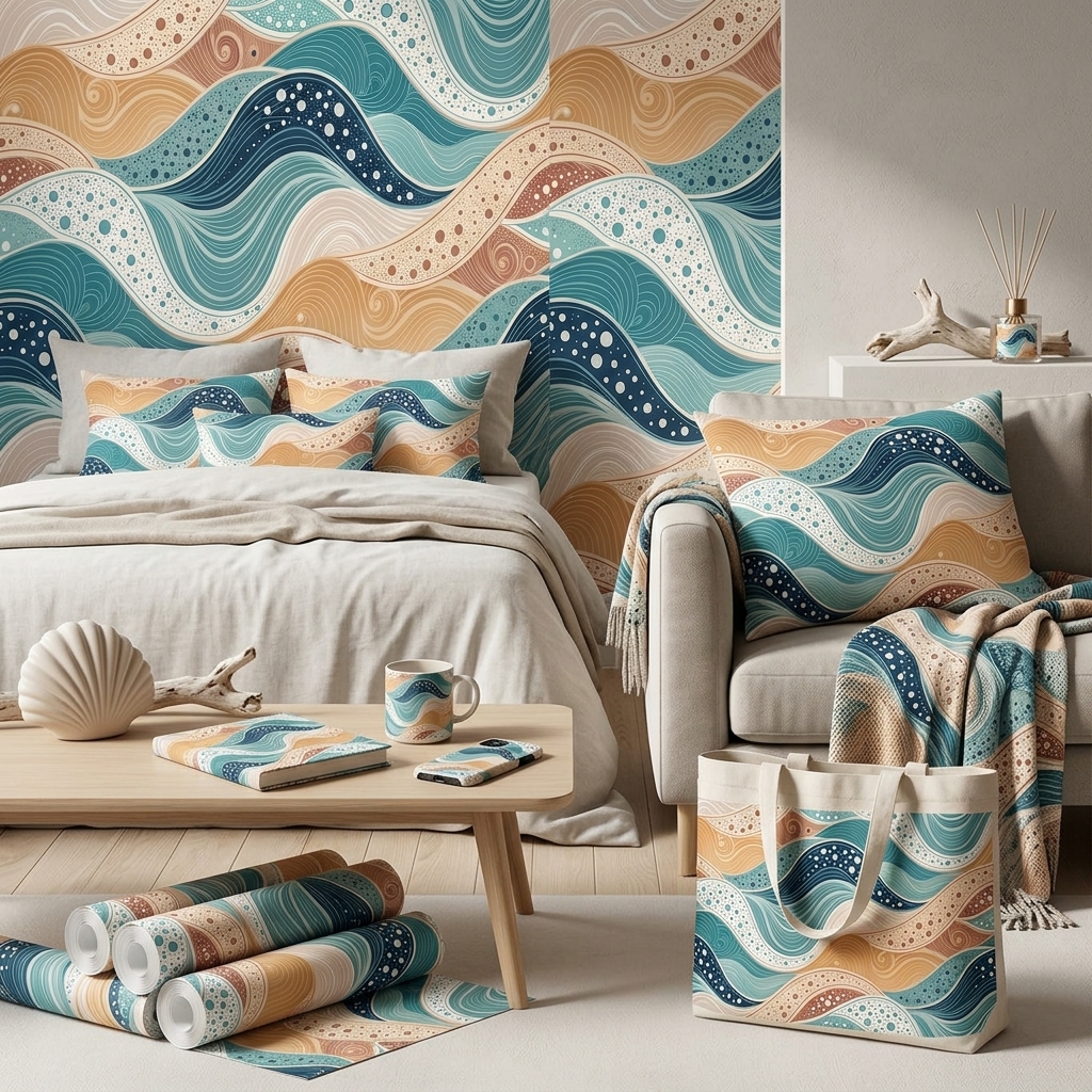Ocean Wave Seamless Pattern Teal Coral Abstract Sea Wallpaper Texture for Fabric and Prints