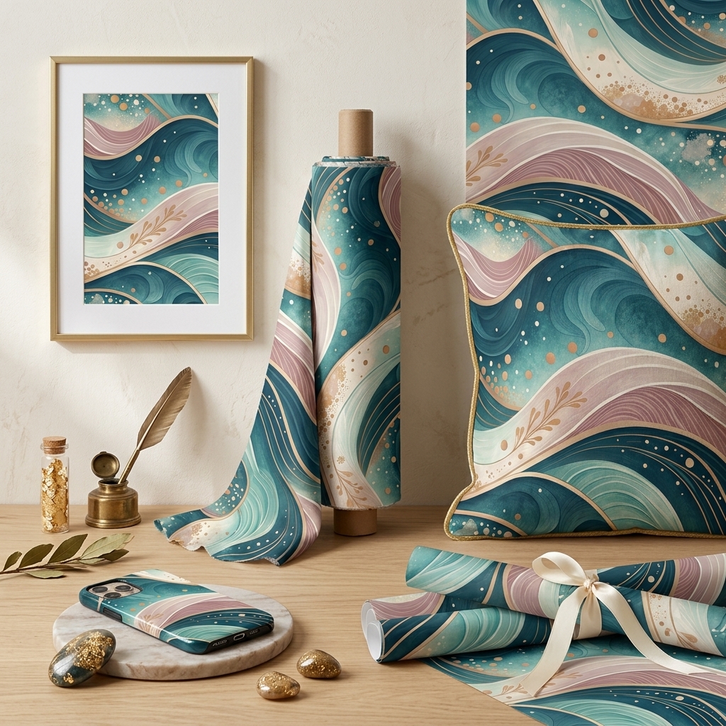 Teal Ocean Wave Seamless Pattern Abstract Coastal Wallpaper Texture for Fabric and Prints