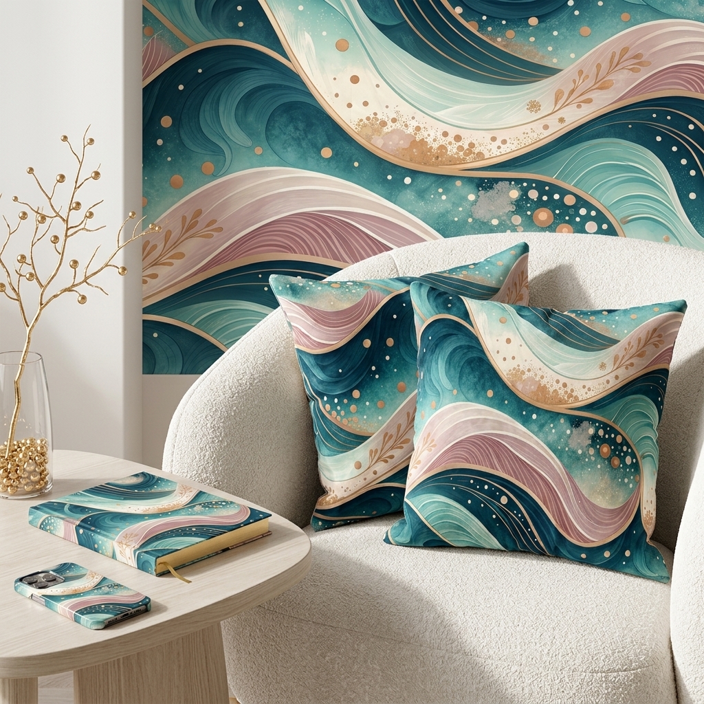 Teal Ocean Wave Seamless Pattern Abstract Coastal Wallpaper Texture for Fabric and Prints