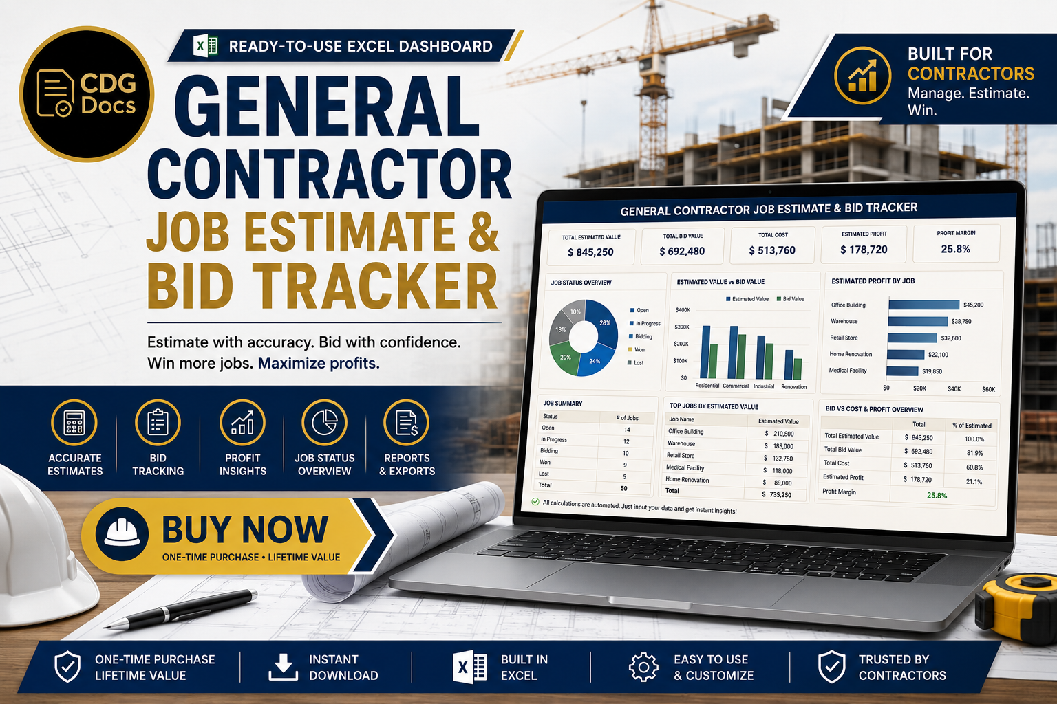 Contractor Bid Spreadsheet | Job Estimate Tracker | Construction Bid ...