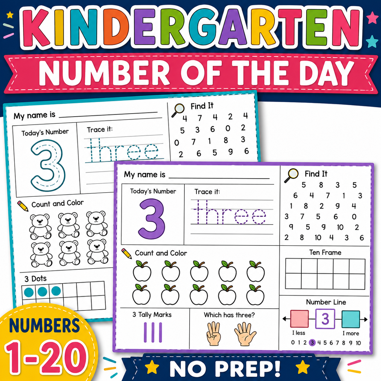 Kindergarten Number of the Day Worksheets | Counting Numbers 1–20 Math Activities