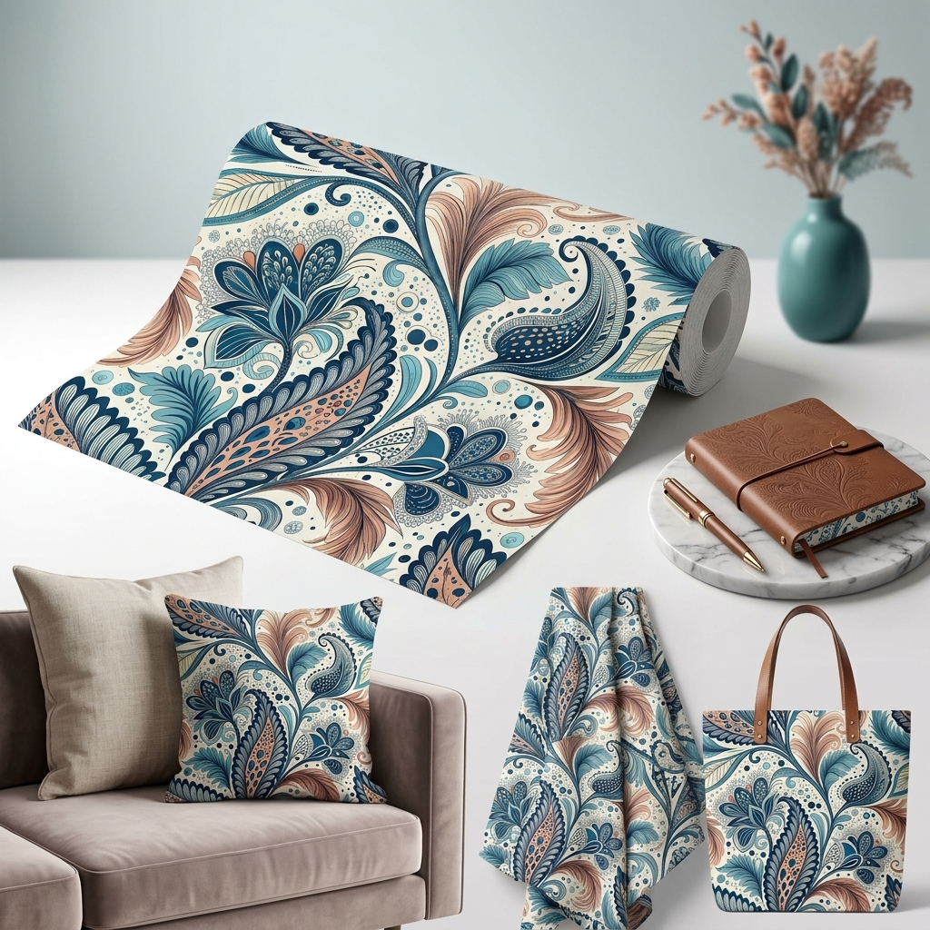 Boho Paisley Floral Seamless Pattern Teal Coral Abstract Wallpaper Texture for Fabric and Prints