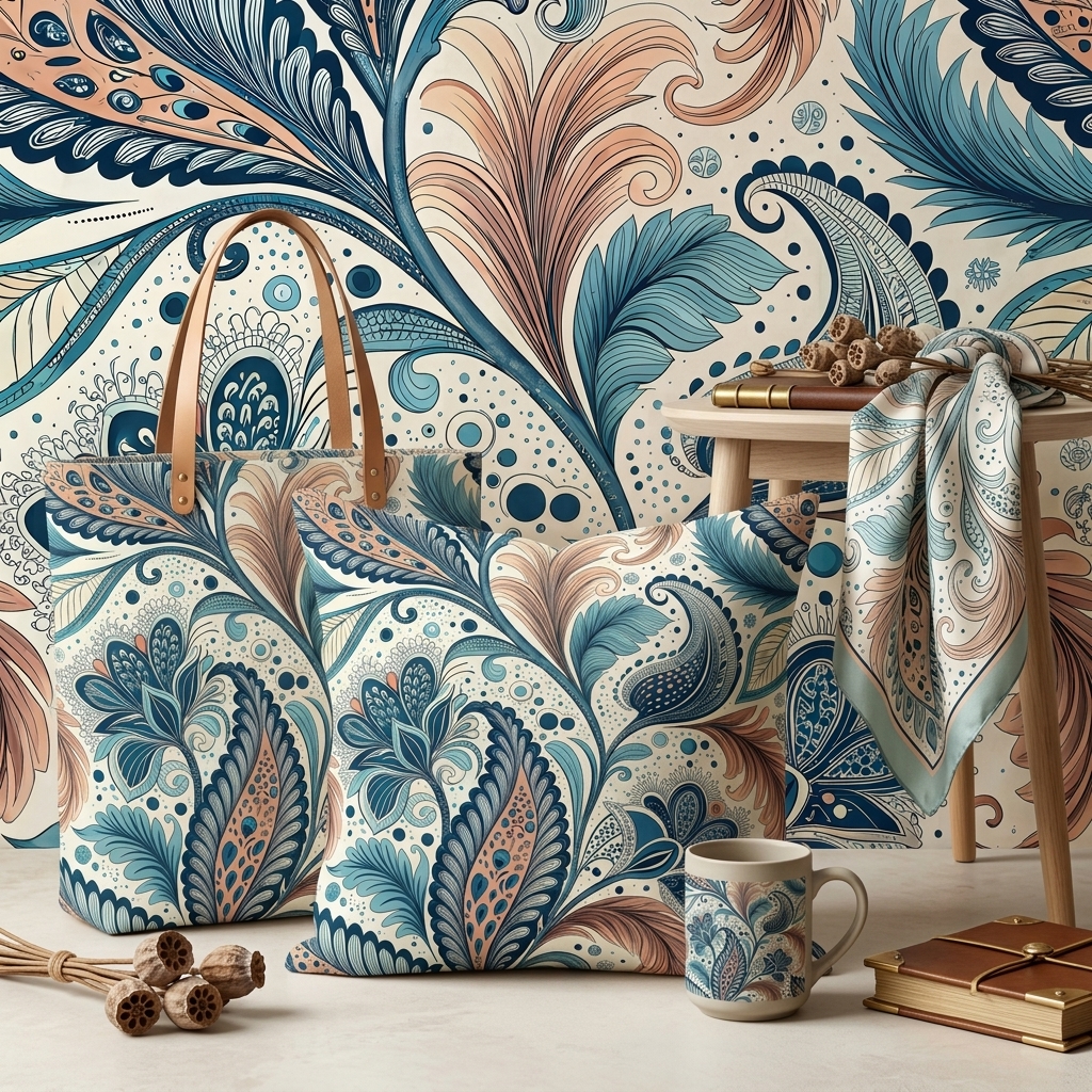 Boho Paisley Floral Seamless Pattern Teal Coral Abstract Wallpaper Texture for Fabric and Prints