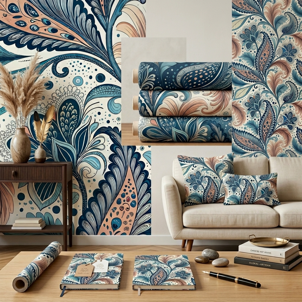 Boho Paisley Floral Seamless Pattern Teal Coral Abstract Wallpaper Texture for Fabric and Prints